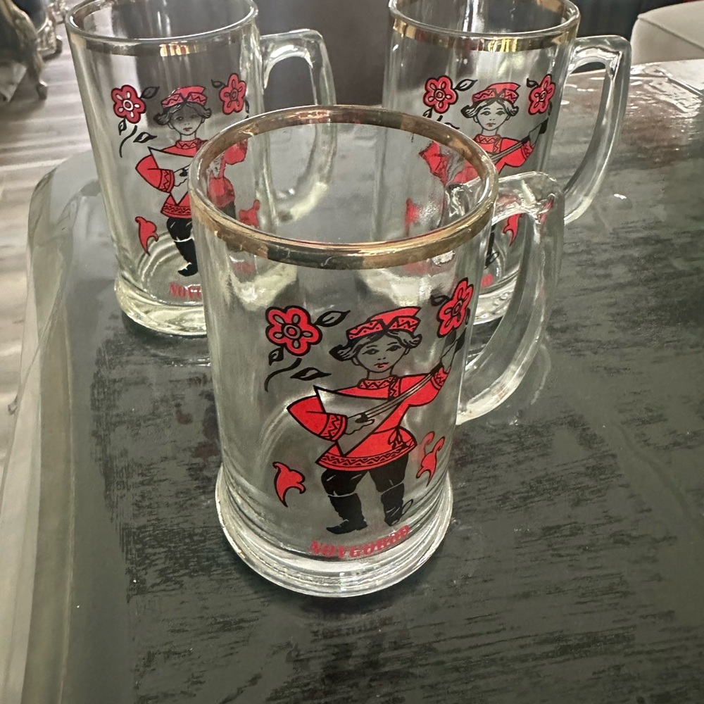 Vintage Glass Mugs with Red Folk Dancer Design (Set of 3)